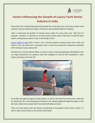 Factors Influencing the Growth of Luxury Yacht Rental Industry in India