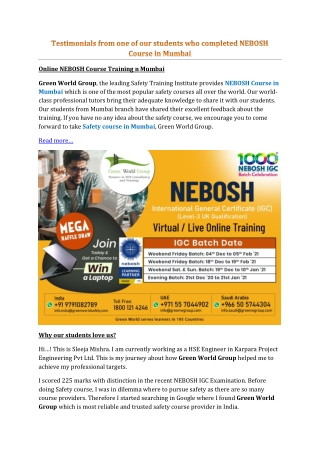 Testimonials from one of our students who completed NEBOSH Course in Mumbai