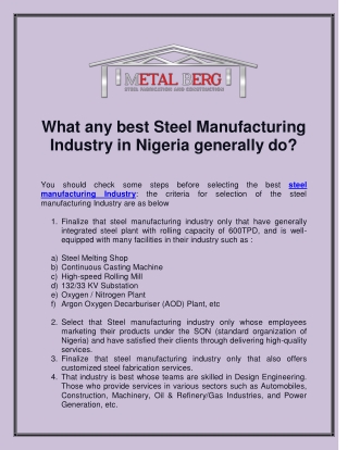 What any best Steel Manufacturing Industry in Nigeria generally do?