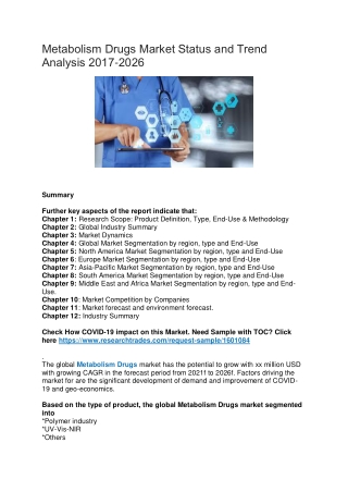 Metabolism Drugs Market Status and Trend Analysis 2017-2026