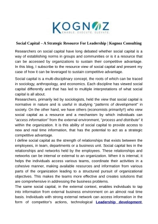Social Capital – A Strategic Resource For Leadership | Kognoz Consulting