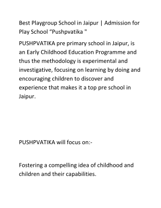 Best Playgroup School in Jaipur | Admission for Play School “Pushpvatika "