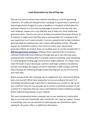 Lead Generation by Use of Pop-ups