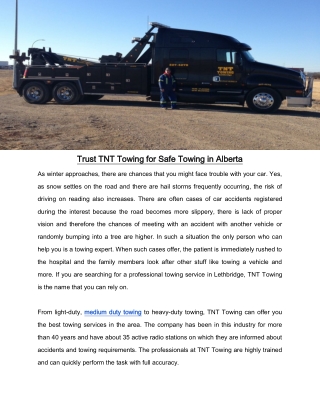 Trust TNT Towing for Safe Towing in Alberta