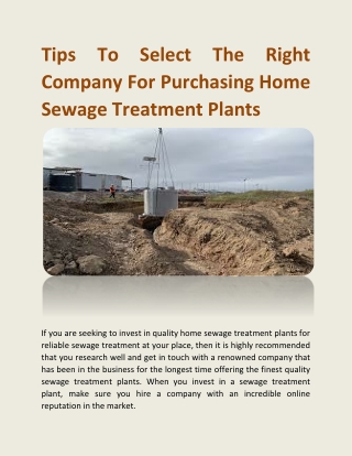 Tips To Select The Right Company For Purchasing Home Sewage Treatment Plants