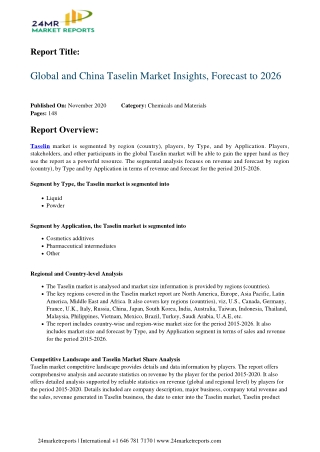 Taselin Market Insights, Forecast to 2026