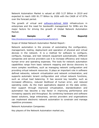 Network Automation Market| Share, Size, Trends Global Industry Growth Forecast 2020-2025