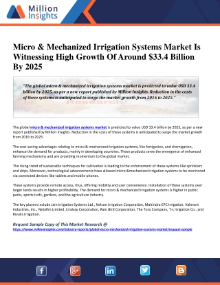 Micro & Mechanized Irrigation Systems Market Is Witnessing High Growth Of Around $33.4 Billion By 2025