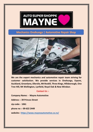 Mechanics Onehunga | Automotive Repair Shop