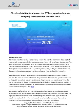 Bizcell enlists Biz4Solutions as the 2nd best app development company in Houston for the year 2020!