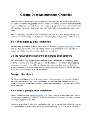 Garage Door Maintenance Checklist