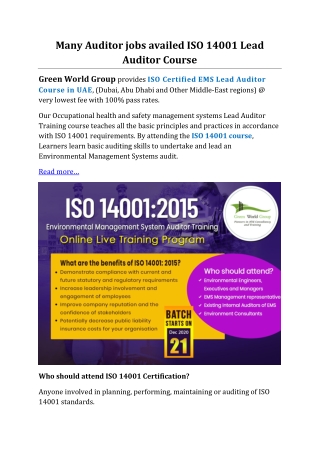 Many Auditor jobs availed ISO 14001 Lead Auditor Course