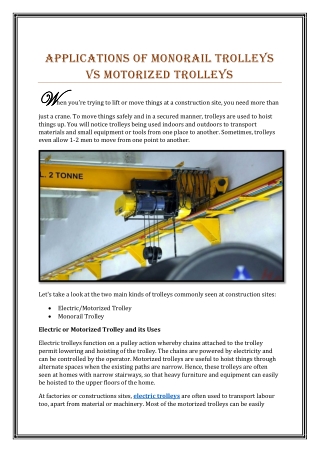 APPLICATIONS OF MONORAIL TROLLEYS VS MOTORIZED TROLLEYS