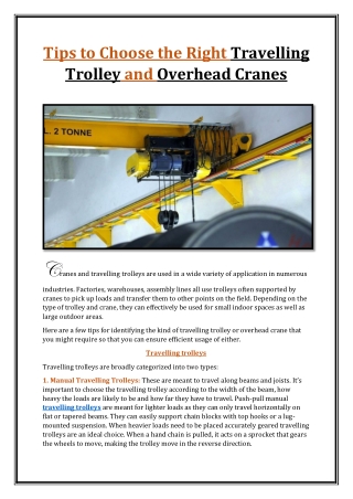 Tips to Choose the Right Travelling Trolley and Overhead Cranes