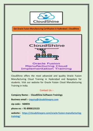 Get Oracle Fusion Manufacturing Certification In Hyderabad | CloudShine