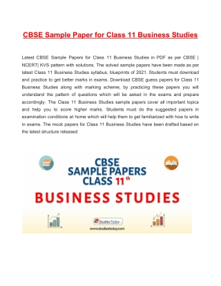 CBSE Sample Paper 2021 for Class 11 Business Studies Based on Revised CBSE Syllabus 2020-21