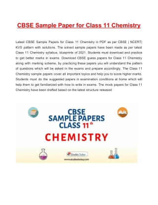 Download CBSE Sample Paper 2021 for Class 11 Chemistry with solution in PDF