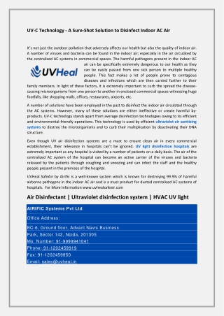 UV Air Disinfection Systems - UVheal Safeair