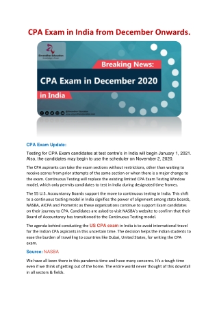 CPA Exam in India from December Onwards.