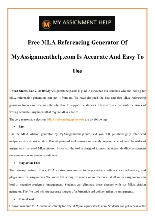 Free MLA Referencing Generator Of MyAssignmenthelp.com Is Accurate And Easy To Use