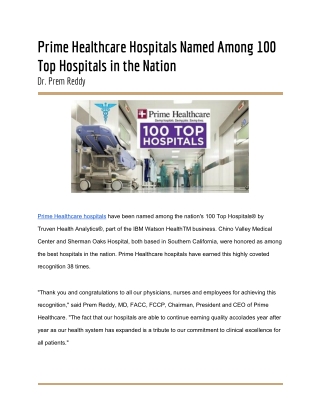 Prime Healthcare Hospitals Named Among 100 Top Hospitals in the Nation