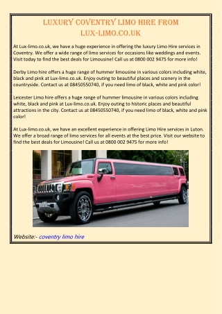 Luxury Coventry Limo Hire from Lux-limo.co.uk