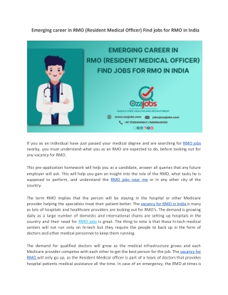 Emerging career in RMO (Resident Medical Officer) Find jobs for RMO in India