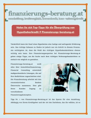 Holen Sie sich Top-Tipps für die Überprüfung von Hypothekarkredit @ Finanzierungs-beratung.at