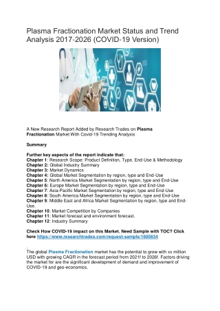 Plasma Fractionation Market Status and Trend Analysis 2017-2026