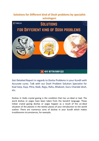 Solutions for Different kind of Dosh problems by specialist astrologers