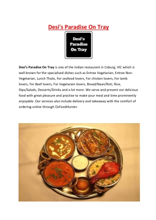 5% off - Desi's Paradise on Tray Menu - Coburg VIC