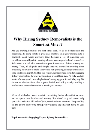 Why Hiring Sydney Removalists is the Smartest Move?