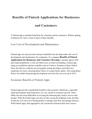 Benefits of Fintech Applications for Businesses and Customers