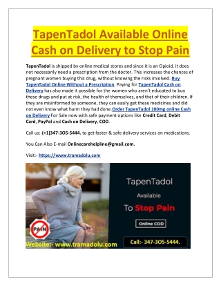 TapenTadol Available Online Cash on Delivery to Stop Pain