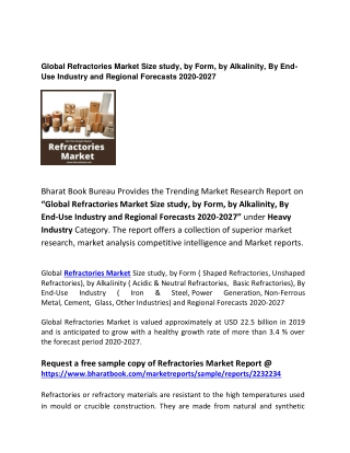 Global Refractories Market Size study, by Form, by Alkalinity, By End-Use Industry and Regional Forecasts 2020-2027