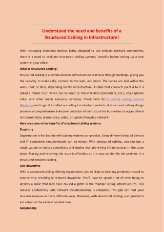 Understand the need and benefits of a Structured Cabling in Infrastructure!