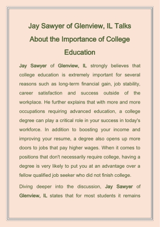 Jay Sawyer of Glenview, IL Talks About the Importance of College Education