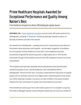 Prime Healthcare Hospitals Awarded for Exceptional Performance and Quality Among Nation's Best