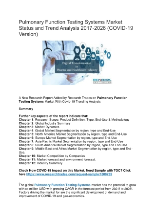 Pulmonary Function Testing Systems Market Status and Trend Analysis 2017-2026