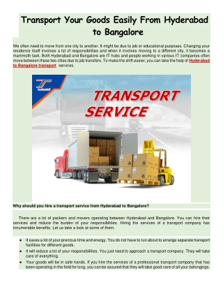 Transport Your Goods Easily From Hyderabad to Bangalore