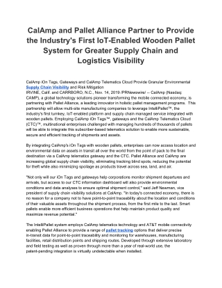 CalAmp and Pallet Alliance Partner to Provide the Industry's First IoT-Enabled Wooden Pallet System for Greater Supply C