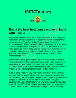 Enjoy the best hotel rates online in India with IRCTC