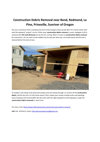 Construction Debris Removal near Bend, Redmond, La Pine, Prineville, Sunriver of Oregon