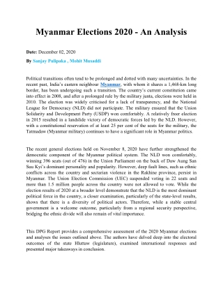 Myanmar Elections 2020: An Analysis