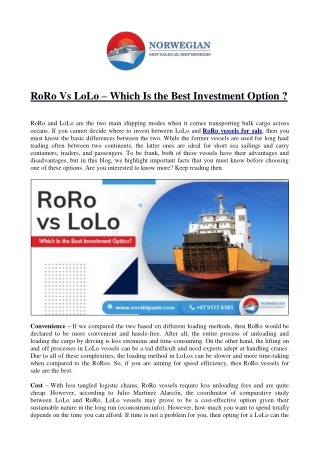 RoRo Vessels  Vs LoLo Vessels  – Which Is the Best Investment Option?