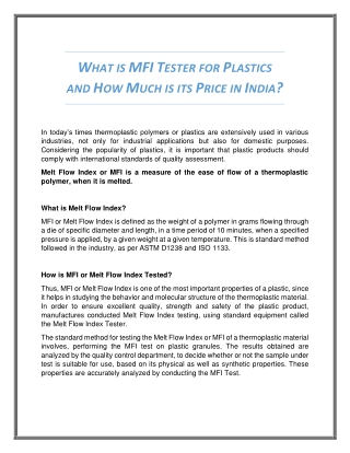 What is Melt Flow Index Tester for Plastics and How Much is its Price in India?