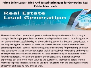 Prime Seller Leads - Tried And Tested techniques for Generating Real Estate Sales Leads