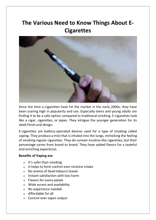 The Various Need to Know Things About E-Cigarettes