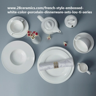 Two Eight Ceramics - French Style Embossed White Color Porcelain Dinnerware Sets
