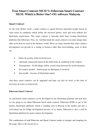 Tron Smart Contract MLM Vs Ethereum Smart Contract MLM: Which is Better One?-OG software Malaysia